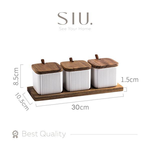 Tempat Bumbu - Wadah Bumbu Keramik Set of 3 / Condiment Jar with Tray hitam kayu putih  kitchenware 
