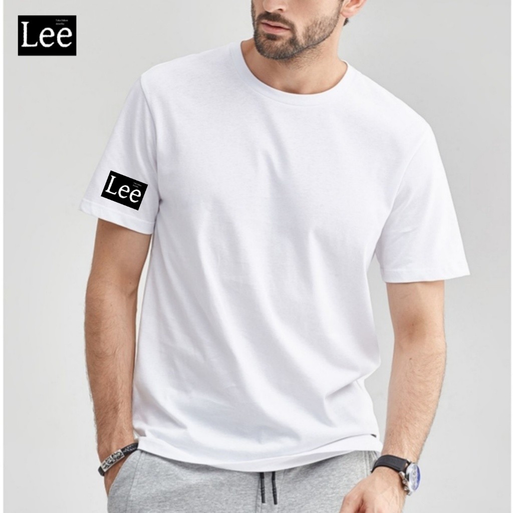 Kaos Oblong Pria Lee Putih Berkualitas, Bahan Lembut dan Adem, Dilengkapi Logo Eksklusif di Lengan, 