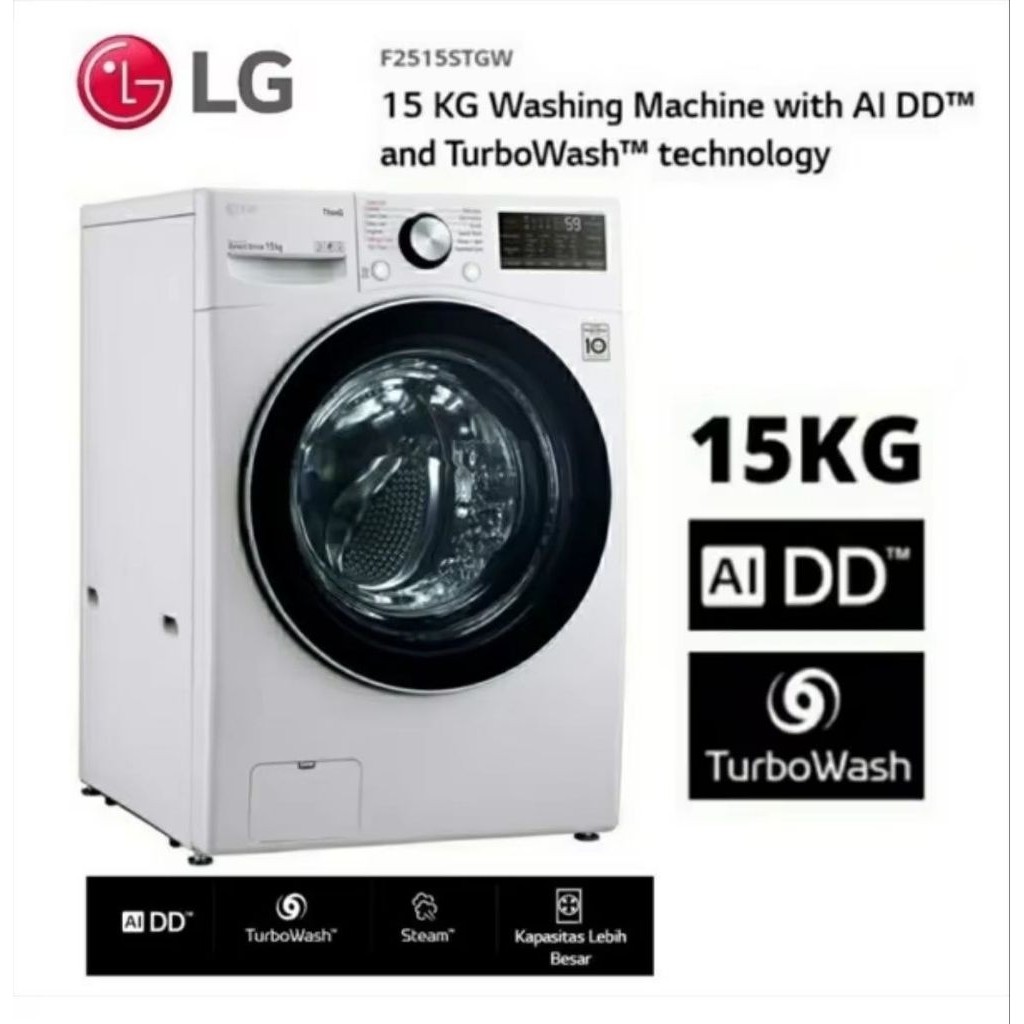 LG Mesin Cuci F2515STPW Front Loading 15 Kg Inverter 1 Tabung Tutup Depan