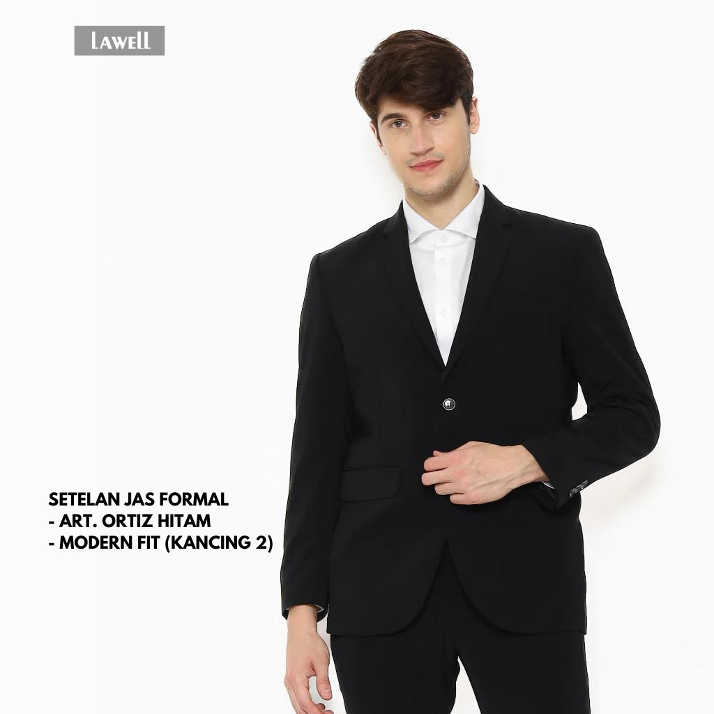 Lawell Setelan Jas dan Celana Pria Slim Fit Formal Kerja, Nikah – Modern Fit Kancing Dua Hitam | Ort