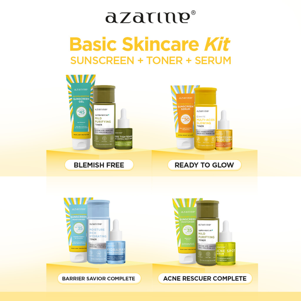 Azarine Basic Skincare Kit (Sunscreen + Toner + Serum) [3PCS] Paket TRIAL KIT KULIT KOMBINASI SENSIT