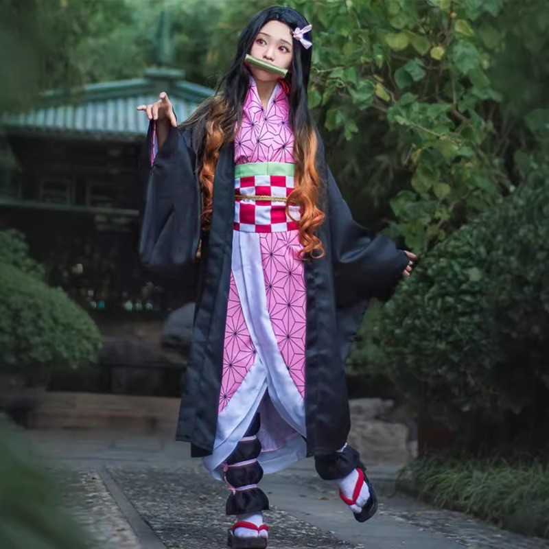 Anime Demon Slayer Nezuko Cosplay Costume Bamboo Mouthpiece Kimono Set Girls Halloween Carnival Part