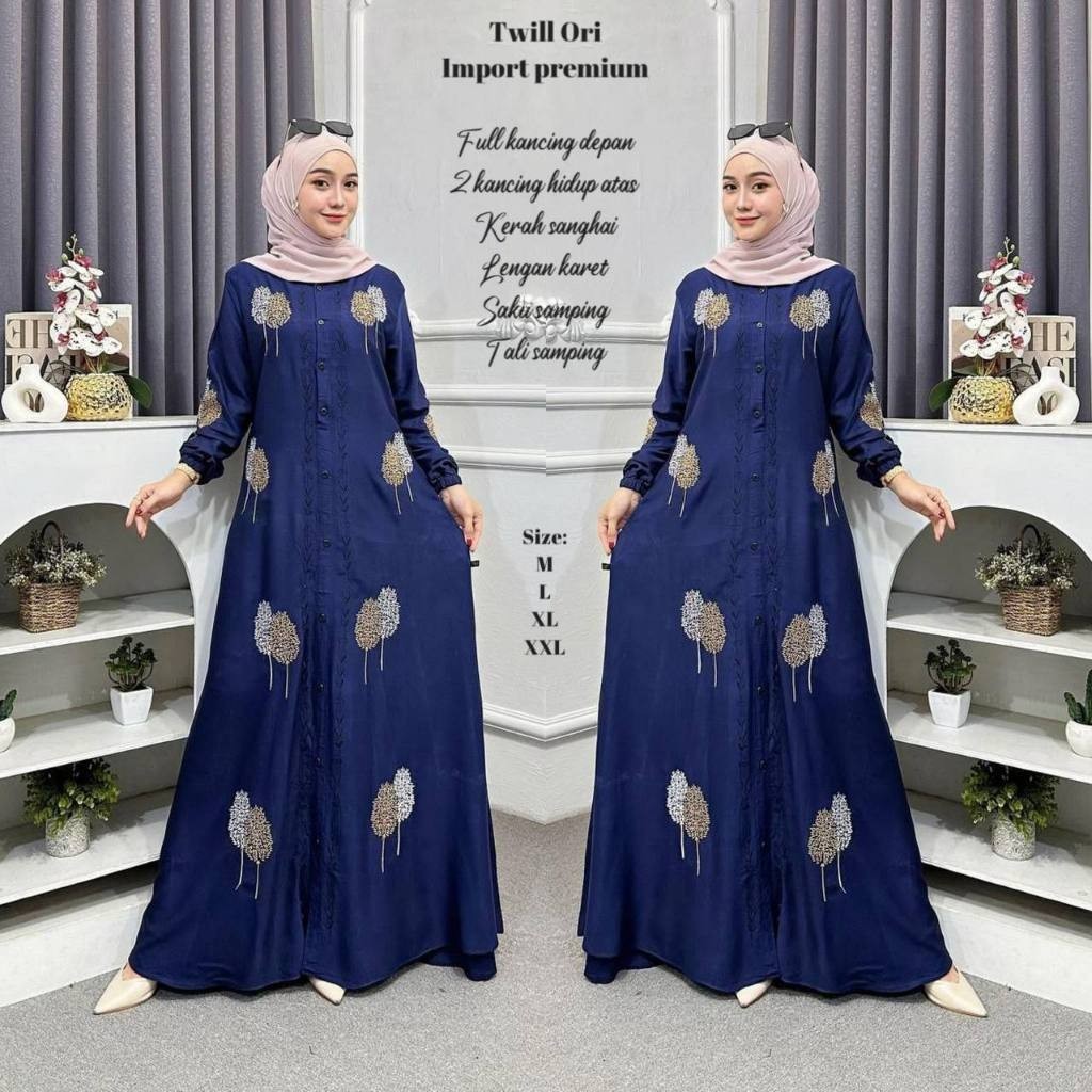 Gamis Twill Bahan Ori Import Premium Grade A Mewah Bordir Polos Size M,L,XL,XXL - Gamis Pekalongan