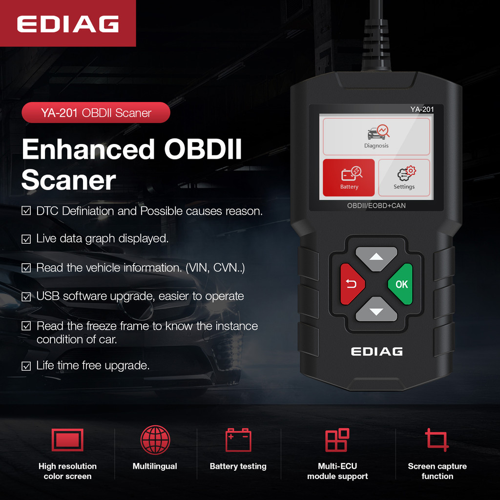 KINGBOLEN YA201 Car Code Reader OBI/EOBD Auto agnostic Tool Data stream save playback OBD2 Scanner C