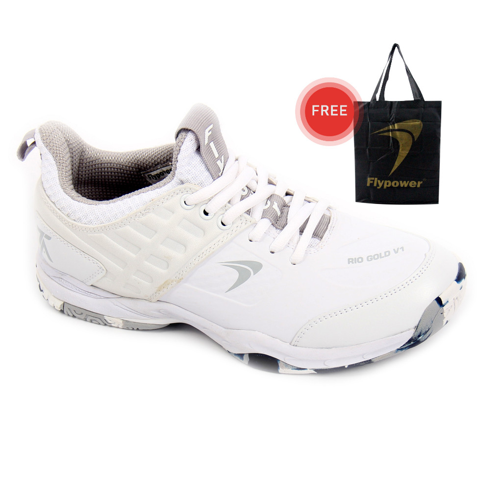 Promo Sepatu Flypower Rio Gold V1 Sepatu Badminton White Lite Grey Tontowi Ahmad  Series Free Shoes 