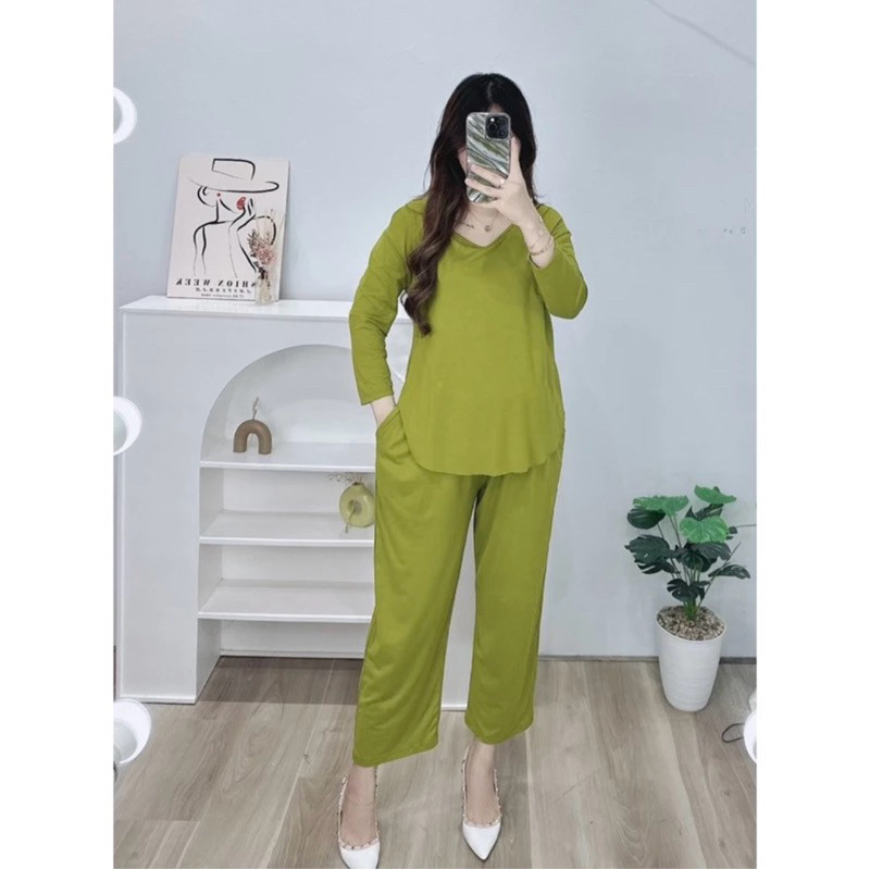 SET Setelan Jumbo Wanita Lengan 7/8 One Set Wanita Celana Panjang Atasan Oversize Spandeks Rayon