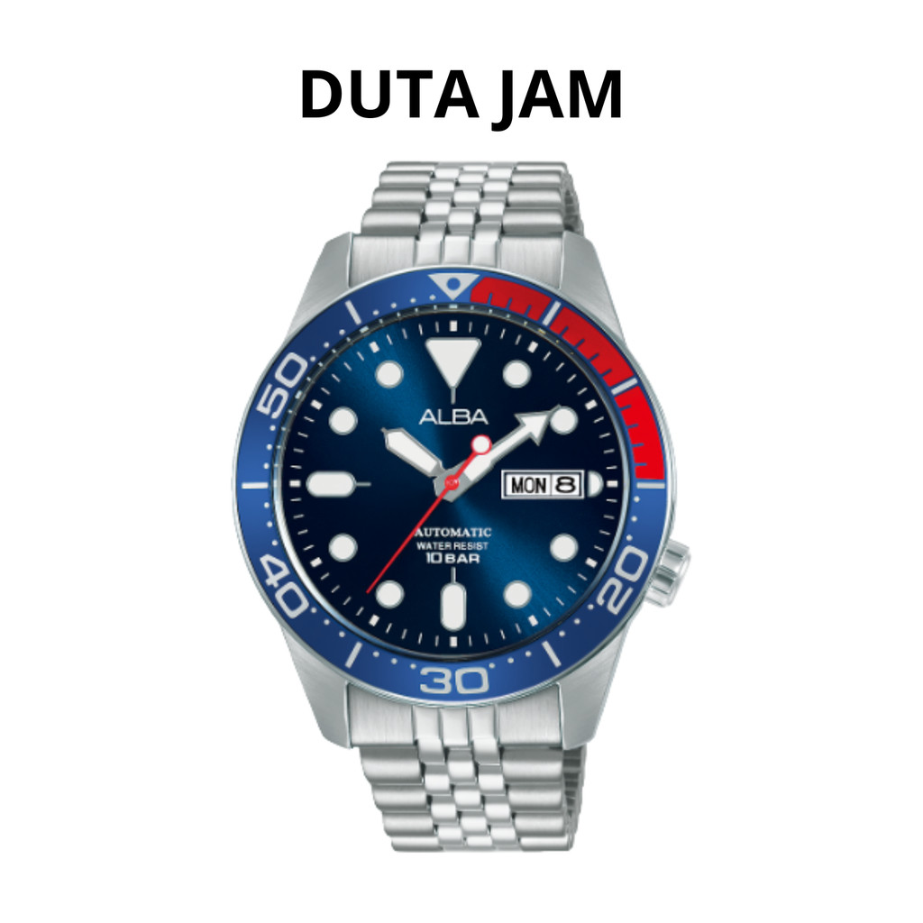 JAM TANGAN PRIA ALBA AL4191 AL4191X1 ANALOG AUTOMATIC SILVER BLUE STAINLESS STRAP