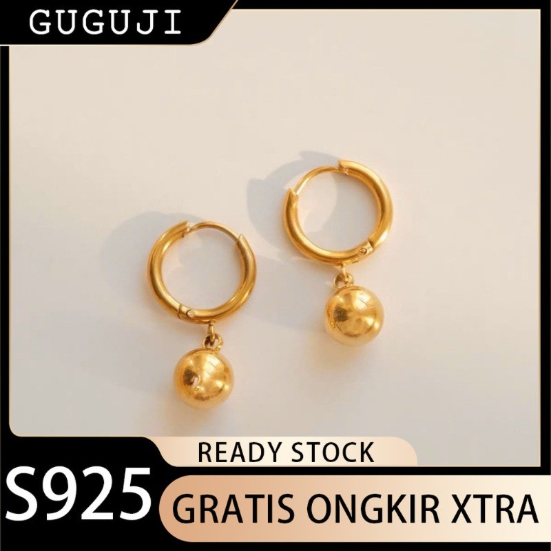 GUGUJI Anting untuk Wanita Versi Korea Anting Manik Bulat Emas 18K Anting Minimalis Bulat Kecil Anti