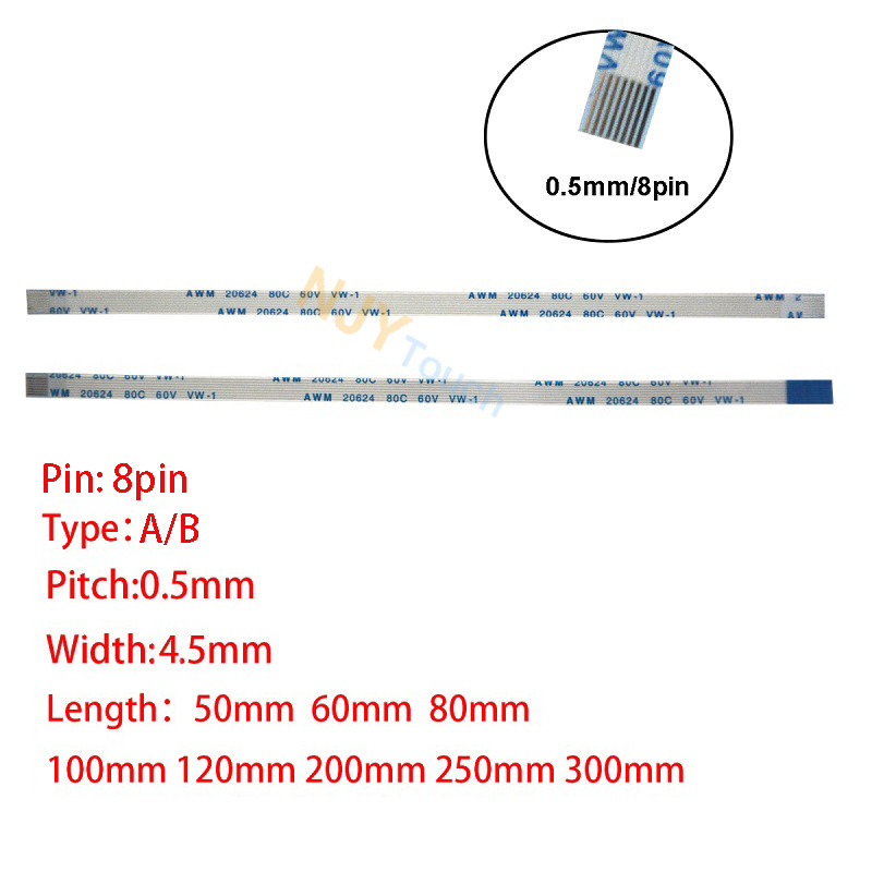 8Pin 05mm Pitch FFC FPC AWM 20624 80C 60V VW1 A B Type Flat Flexible Cable 60100150200250300400mm