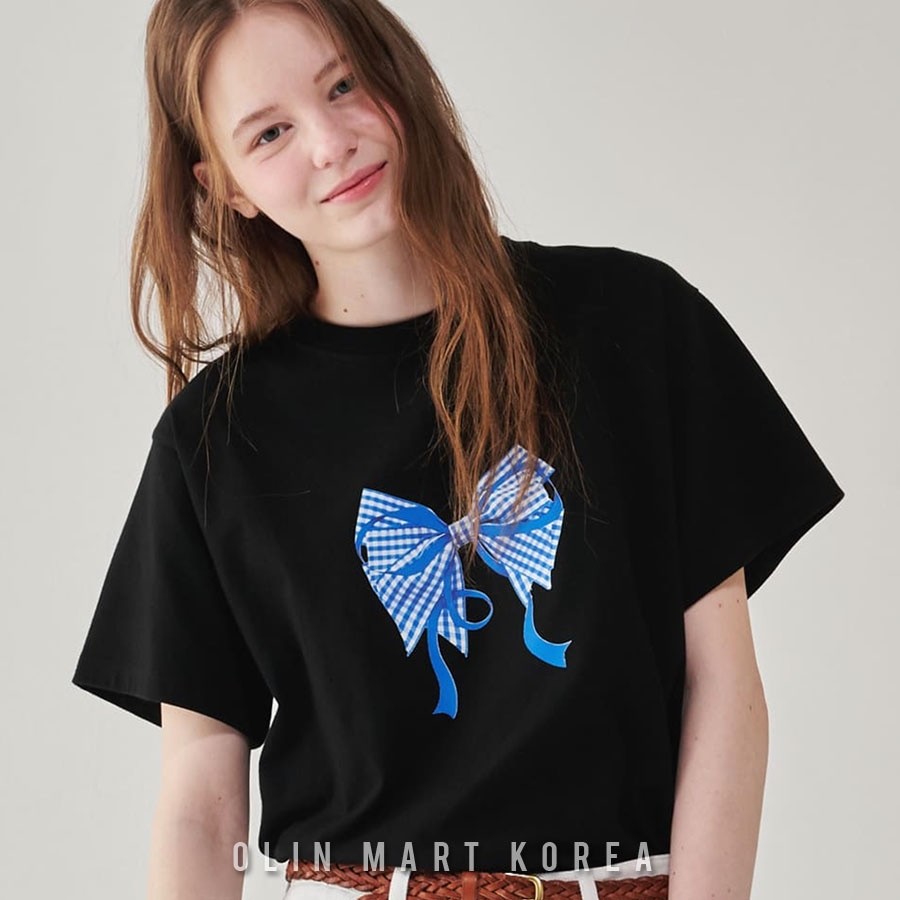 RONRON GINGHAM DOUBLE RIBBON BASIC FIT T SHIRT BLACK BLUE