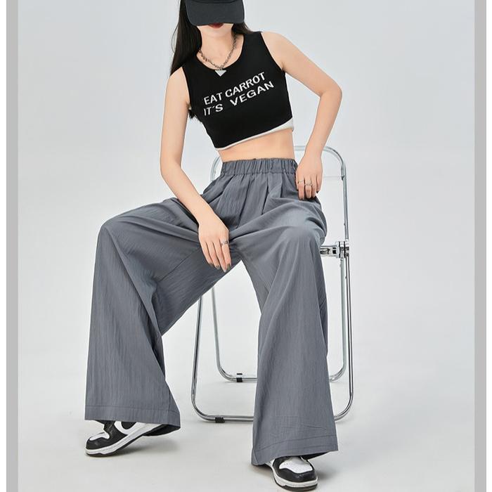 promo  -GDTIMA Casual Ice Silk Celana Hhist nita Polos Loose Pants Pinggang Elastik Celana Panjang K