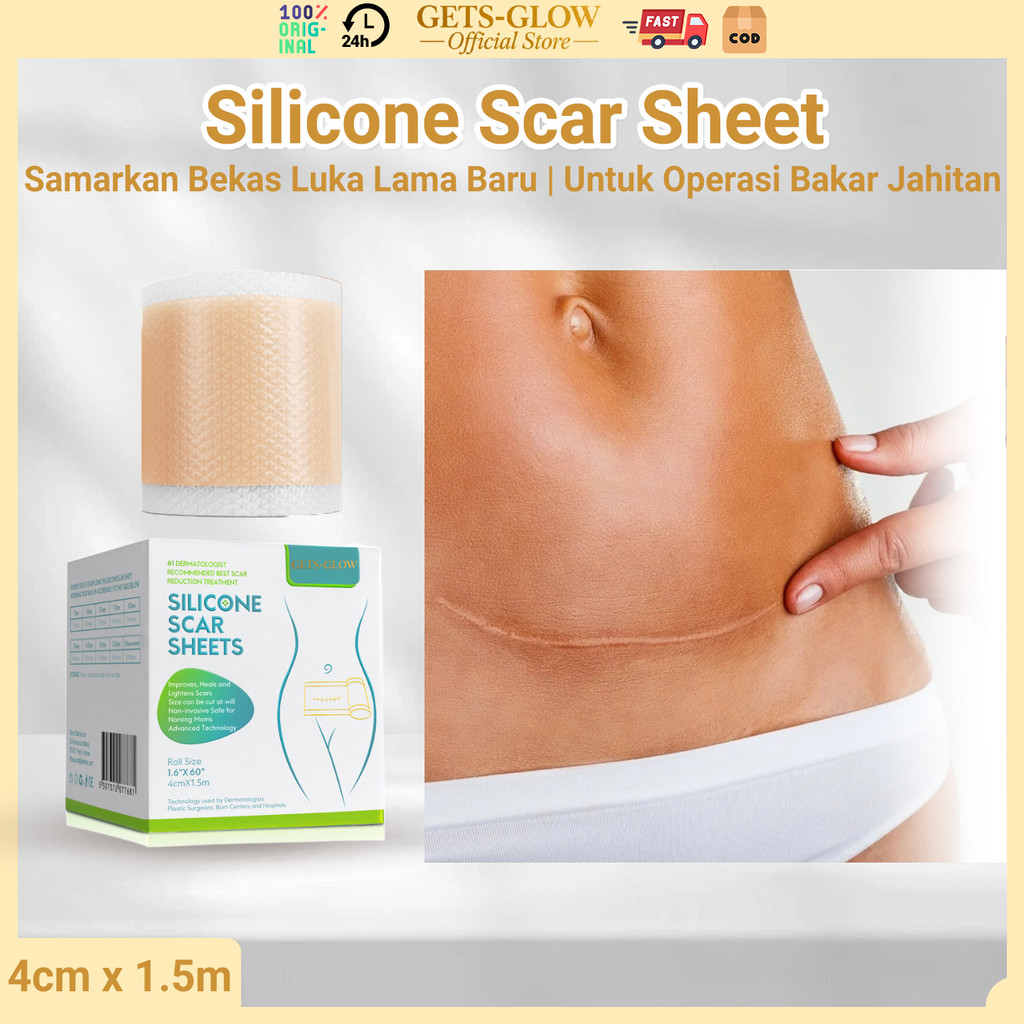 GETS-GLOW Silicone Scar Sheet 4cm x 1.5m Plester Silikon Penghilang Bekas Luka & Keloid – Plester Lu