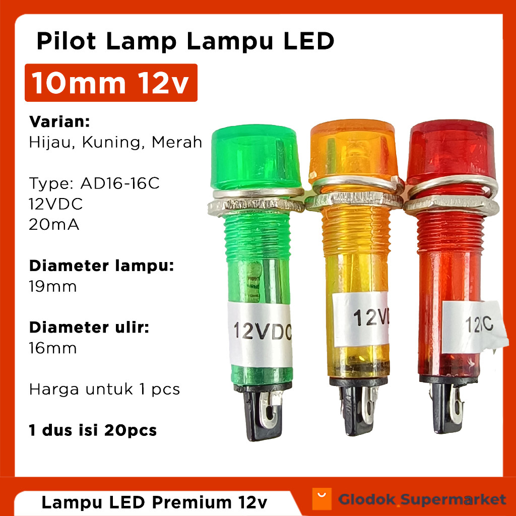 Pilot Lamp 10mm 12v DC Lampu LED Indikator M10