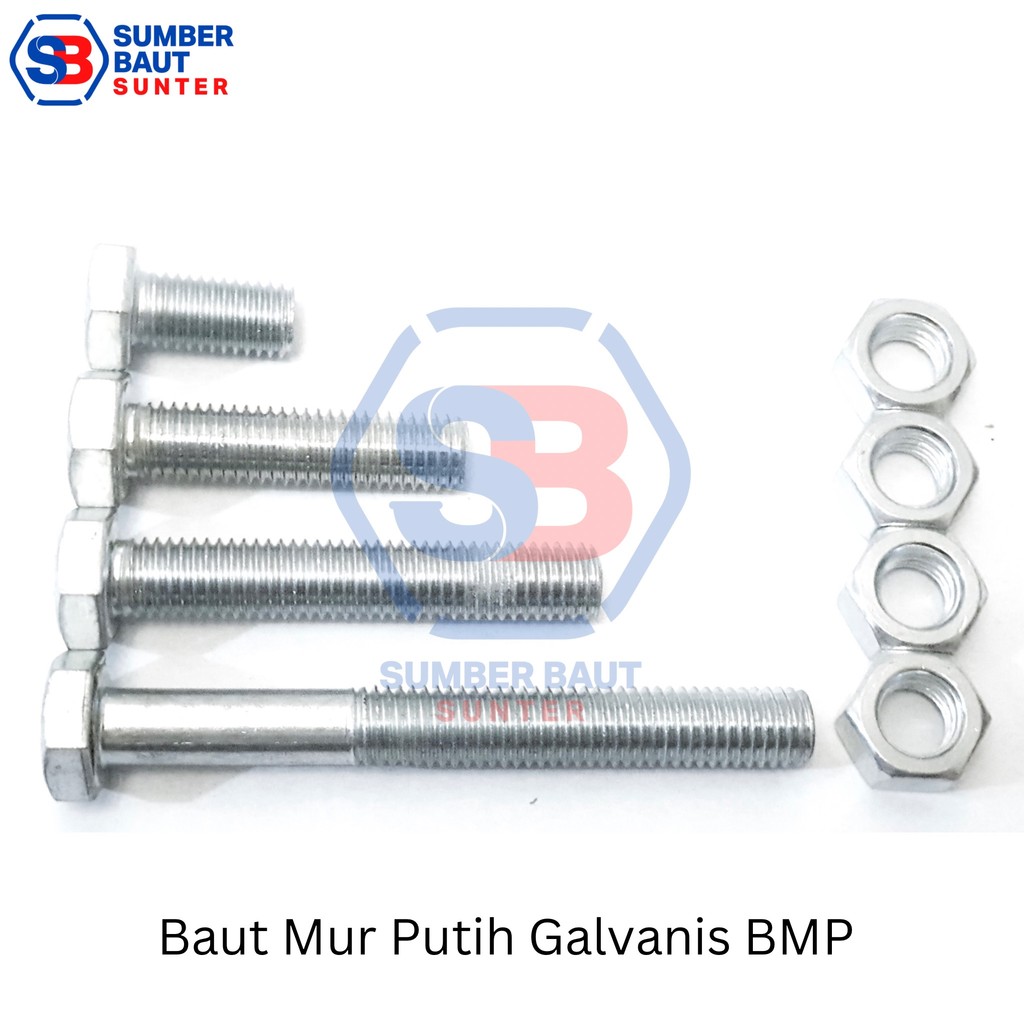M10x45 Baut Mur Hexagon Putih BMP Hex 10x45 Kunci 17 Galvanis