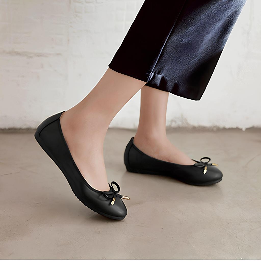 Sepatu Wanita DF68 Flat Shoes Wanita Casual Formal / Sepatu Cewek Nyaman Hitam Cream DF68