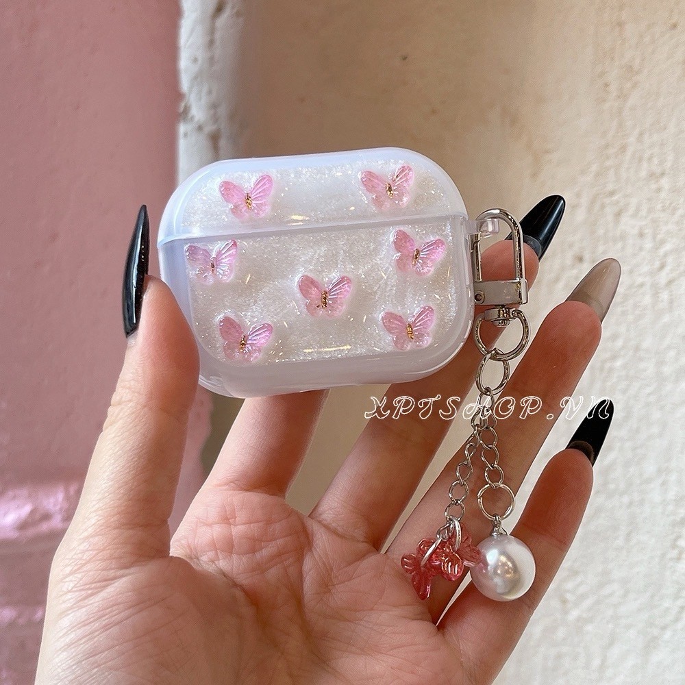 3D Pink Butterfly + Chain Resin AirPods Case Untuk AirPods 4/3/2/1 AirPods Pro / Pro2 Headphone Casi
