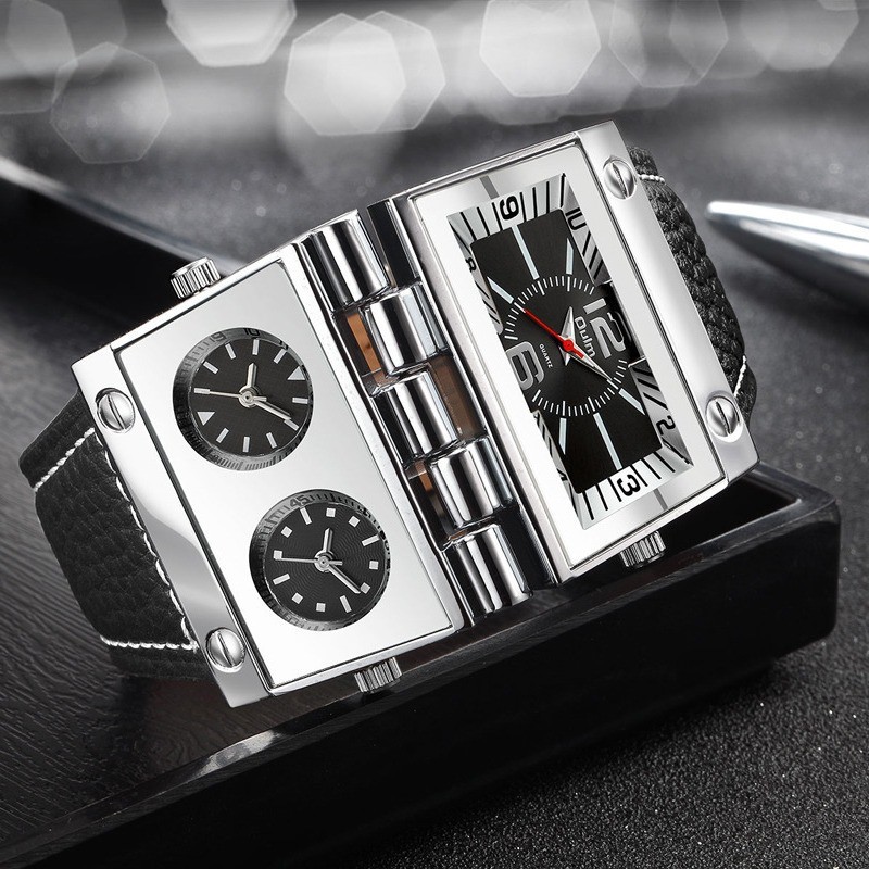 Oulm Jam Tangan Pria Oulei Dial Besar Beberapa Zona Waktu Jam Tangan Quartz Pria Eropa dan Amerika