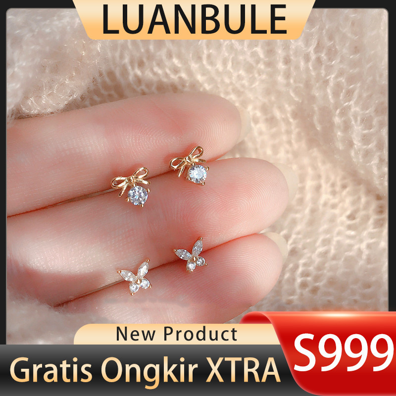 LUANBULE Anting Emas S999 Zircon Kupu-Kupu Kecil Wanita