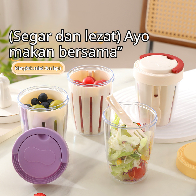 Tahan Bocor + Garpu Included YH-Gelas Buah dengan Saringan & Garpu Portabel/Bento Box/Makanan Contai