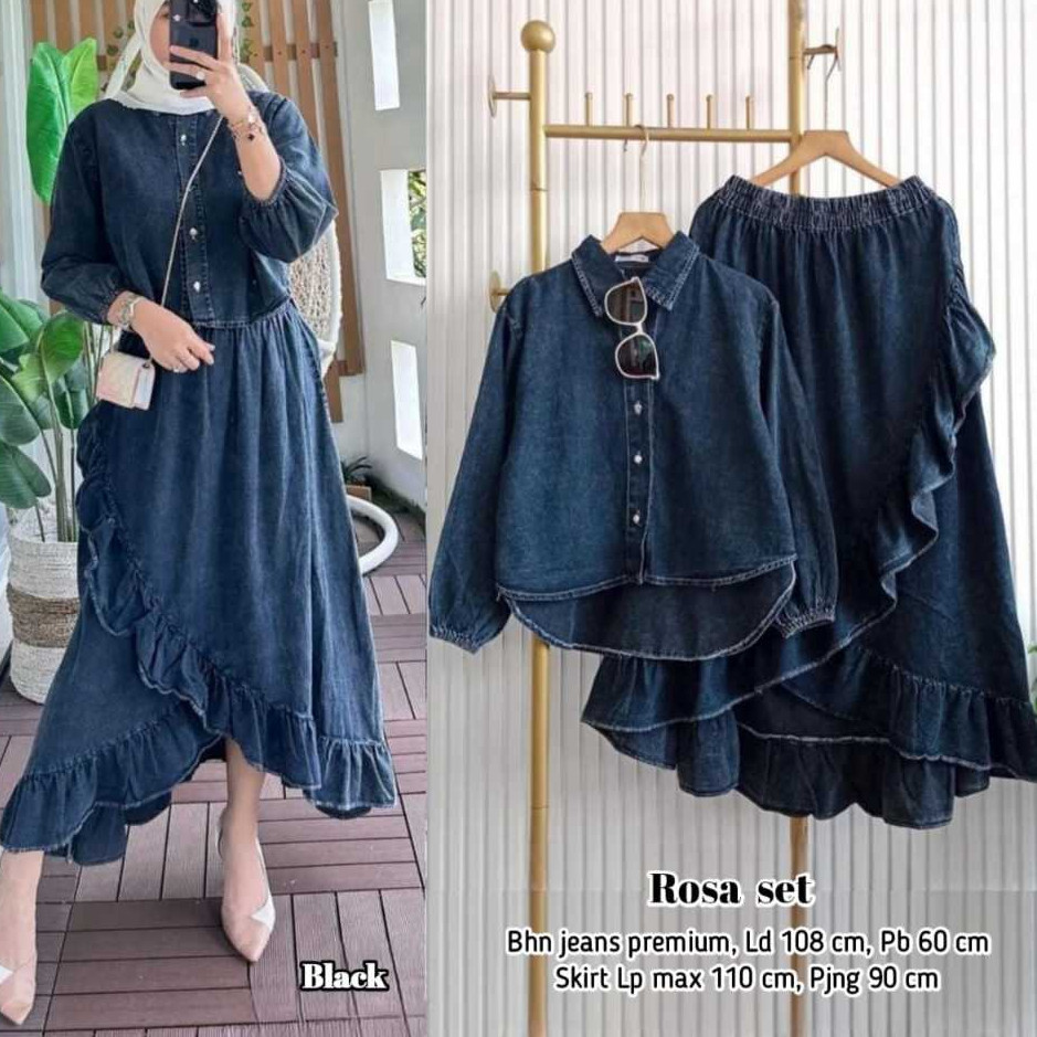 Rosa Set Rok Jeans One Set Bahan Jeans Premium Tebal Setrok Terbaru 2026 Lebaran Muat BB 40-90Kg