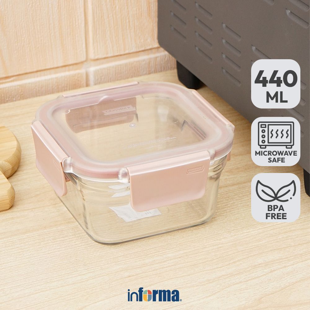 Informa Glasslock 440 ml Pure Wadah Makanan Square - Pink Food Container Food Grade Serbaguna Tempat