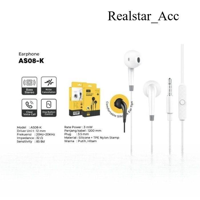 Rexi AS08-K Wired Earphone PRODUCT ORIGINAL 100%