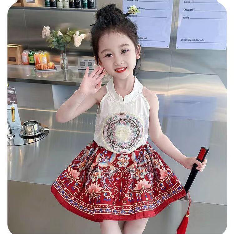 Setelan Hanfu Anak Perempuan Musim Panas - Baju Tradisional China 2 Pcs Tipis Model Camisole & Rok M