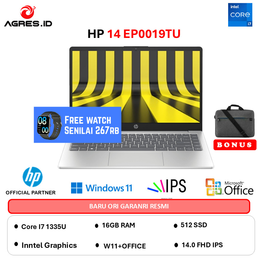 HP 14 I7 1355  - RAM 16GB 512GB W11+OHS 14.0FHD IPS BLIT FP - EP0018TU - EP0019TU