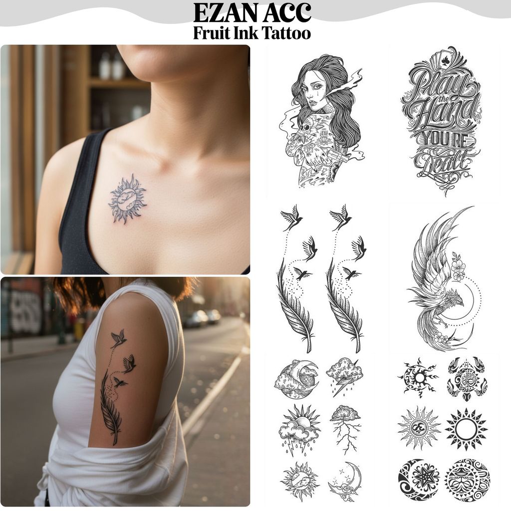 Stiker Tato Temporer Fruit Ink 11x18cm – Desain Bunga, Matahari, Burung & Feather | Tahan Lama & Mud