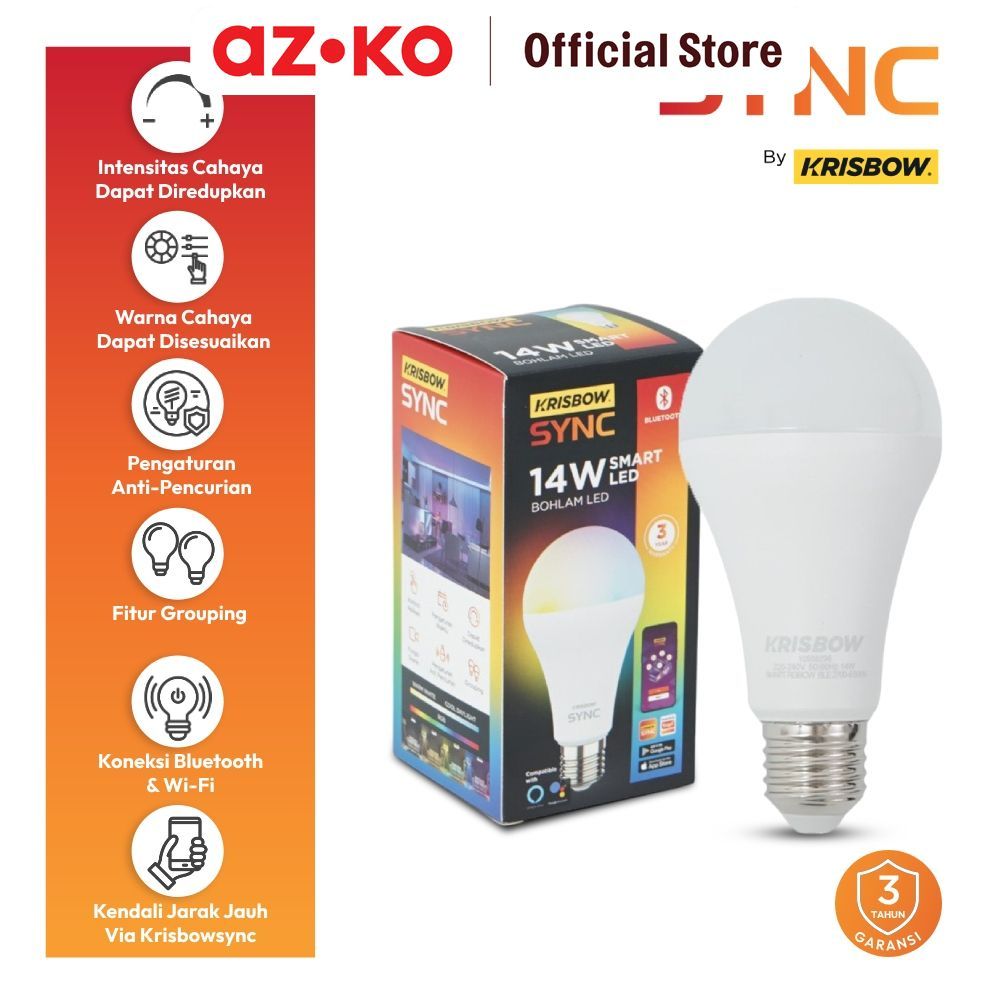 AZKO Krisbow Sync Smart Bohlam Led Bluetooth Rgbcw Lampu Rumah Kamar Teras Tanpa Wifi Dimmer Koneksi