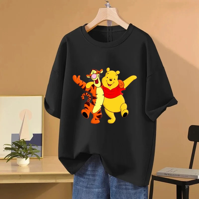 Tren Baru Pakaian jalanan Kaos Wanita Kartun Anime Winnie The Pooh Musim Panas Lengan Pendek 100% Ka