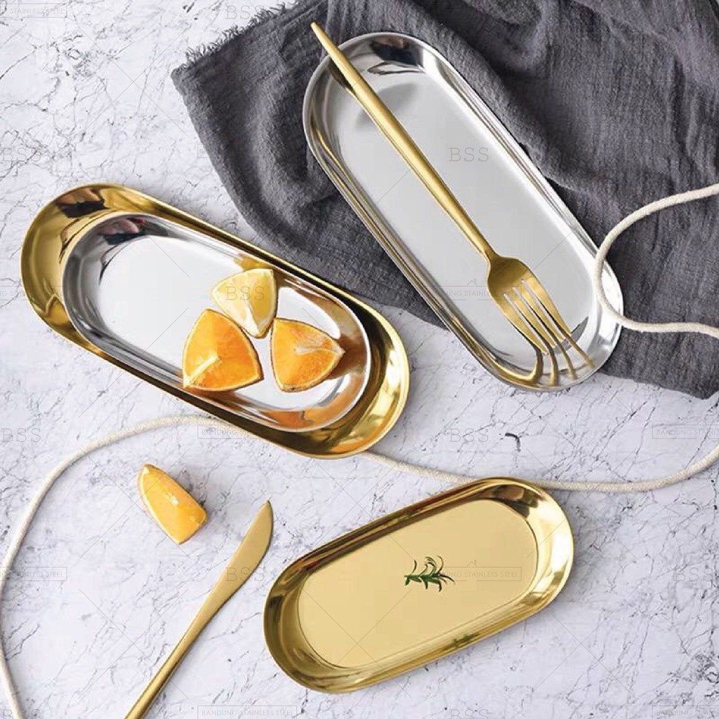 Nampan Piring Oval Emas Perak Tray Silver Gold Perhiasan Aesthetic Stainless Kilap Elegan Cantik Wad