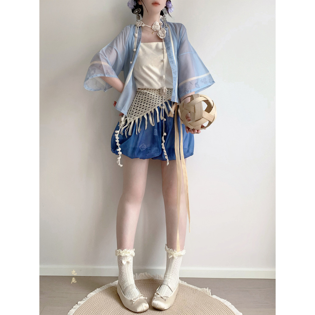 Hanfu Modern 2025 Baru - Setelan Kemeja Pendek + Top Tube + Rok Celana Bunga Gaya China Cantik