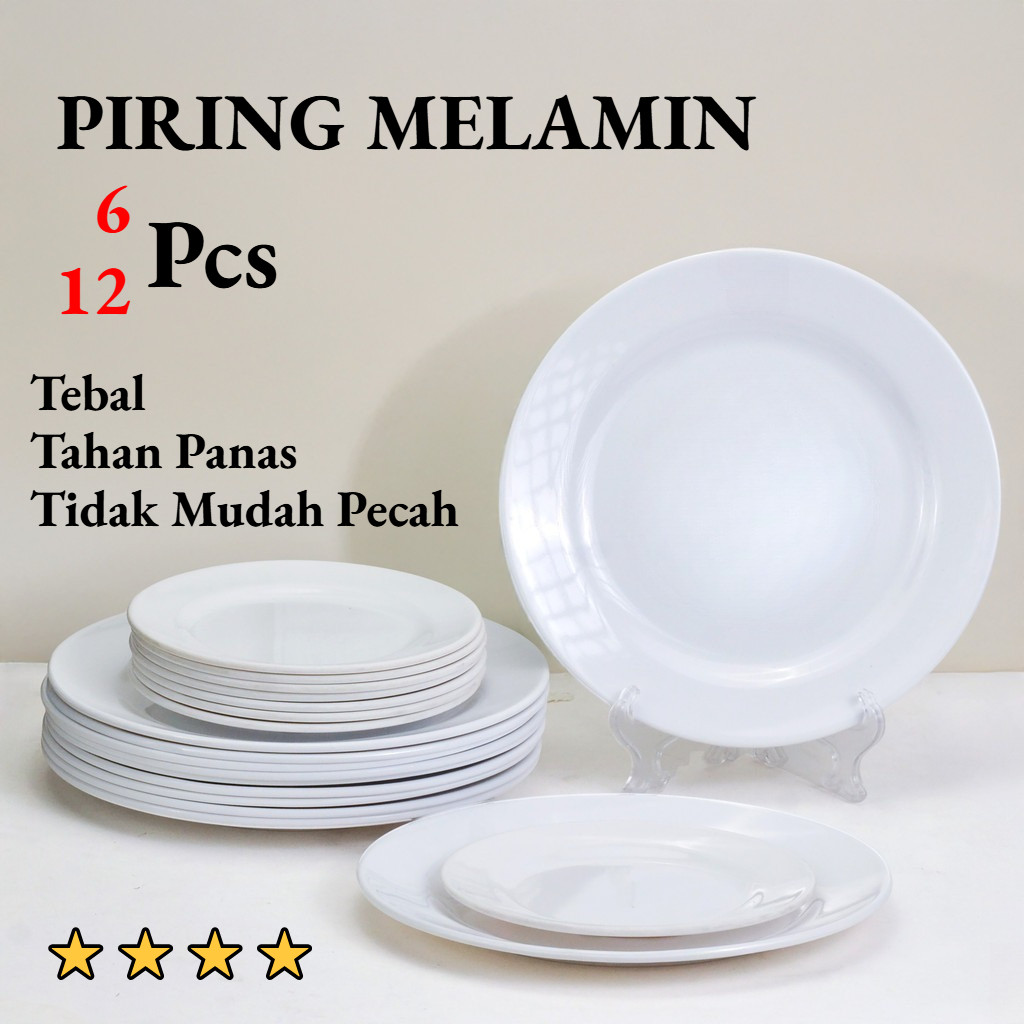 Piring Makan Melamin Besar | 6/12 Pcs Lusin Piring Bulat Dangkal 7 10 Inch Putih Pink Polos