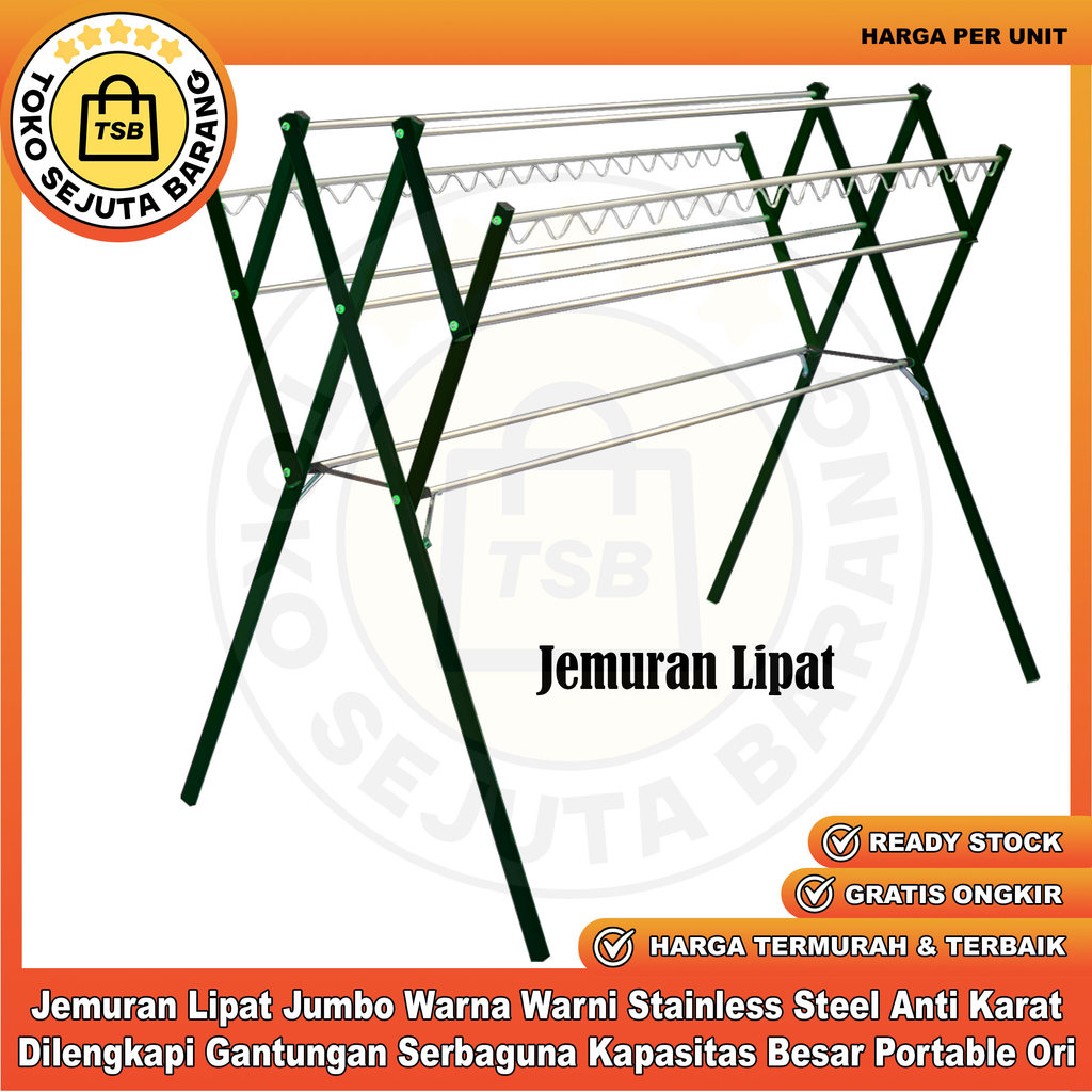 Jemuran Lipat Jumbo Warna Warni Stainless Steel Anti Karat Dilengkapi Gantungan Serbaguna Kapasitas 