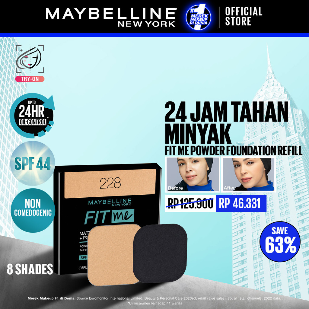 MAYBELLINE Fit Me 24Hr Oil Control Powder Refill Foundation Make Up - 9gr (Bedak Foundation Bebas Mi