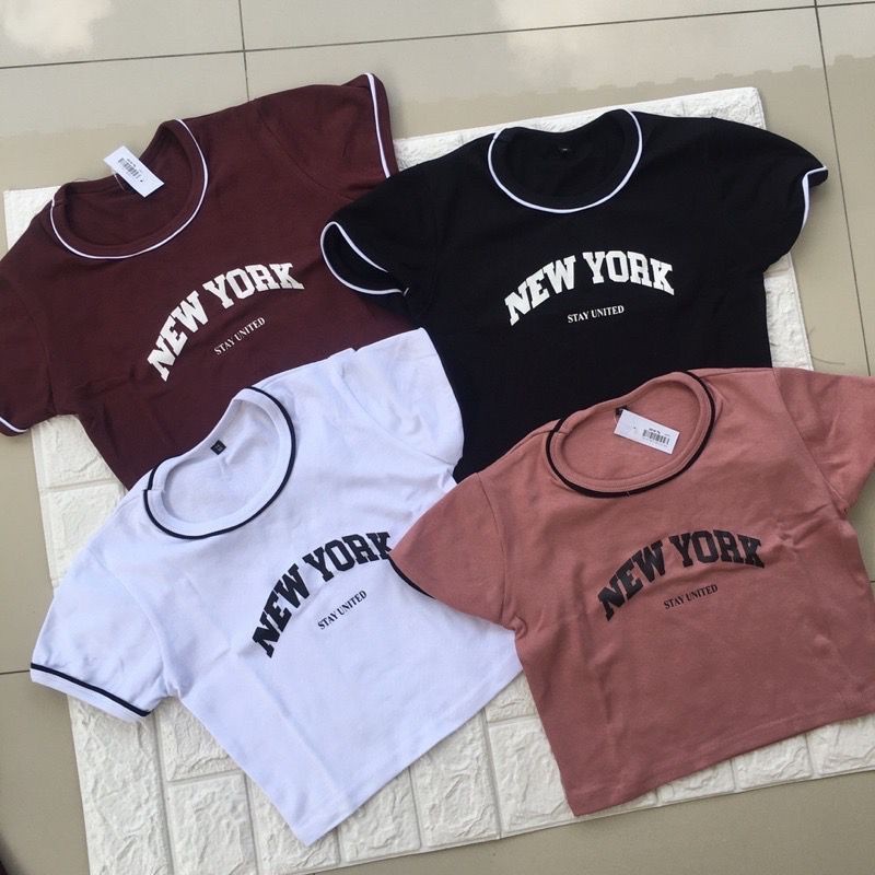 20K Atasan Wanita Kekinian  Kaos List Crop New York / List Hitam Putih Crop / Crop Top NY / T-shirt 