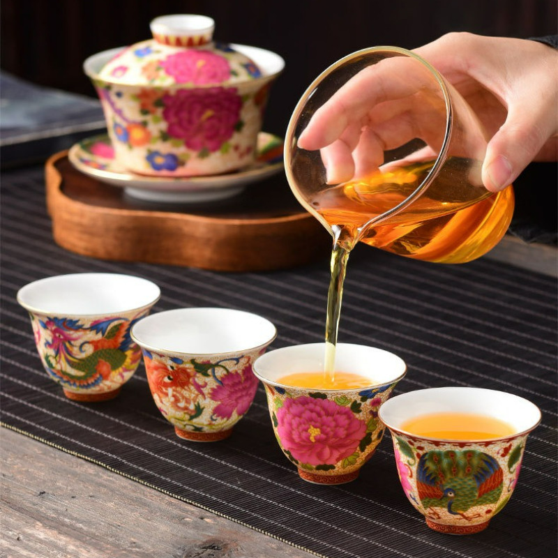 Vintage Ceramic Teaset Tea Cup Travel Portable Tea Set Gift Office Household Painted Flower Kung Fu 