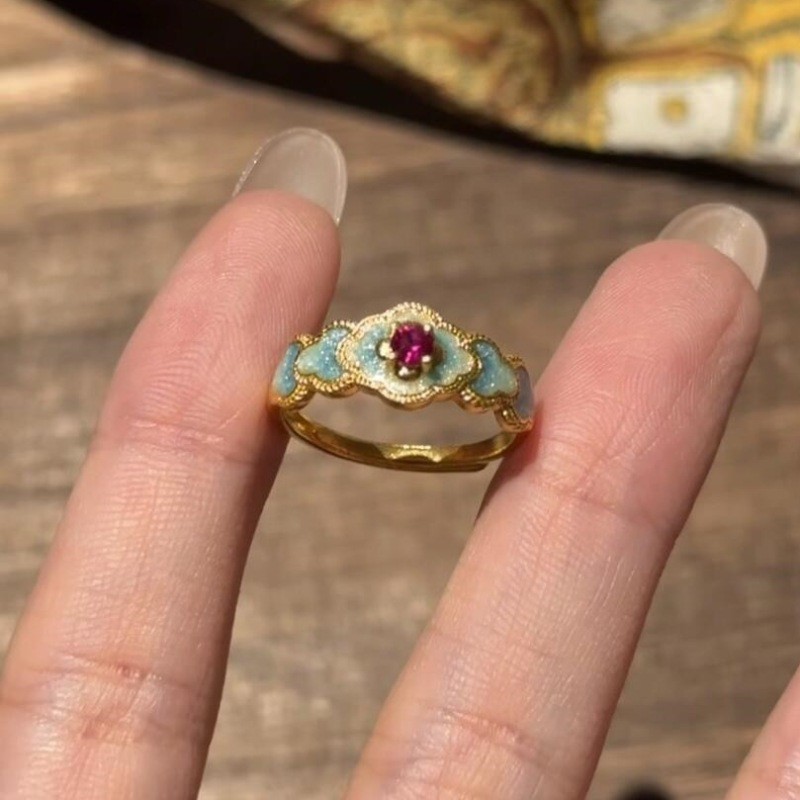 Baru Vintage Cincin Ruby Bunga Biru