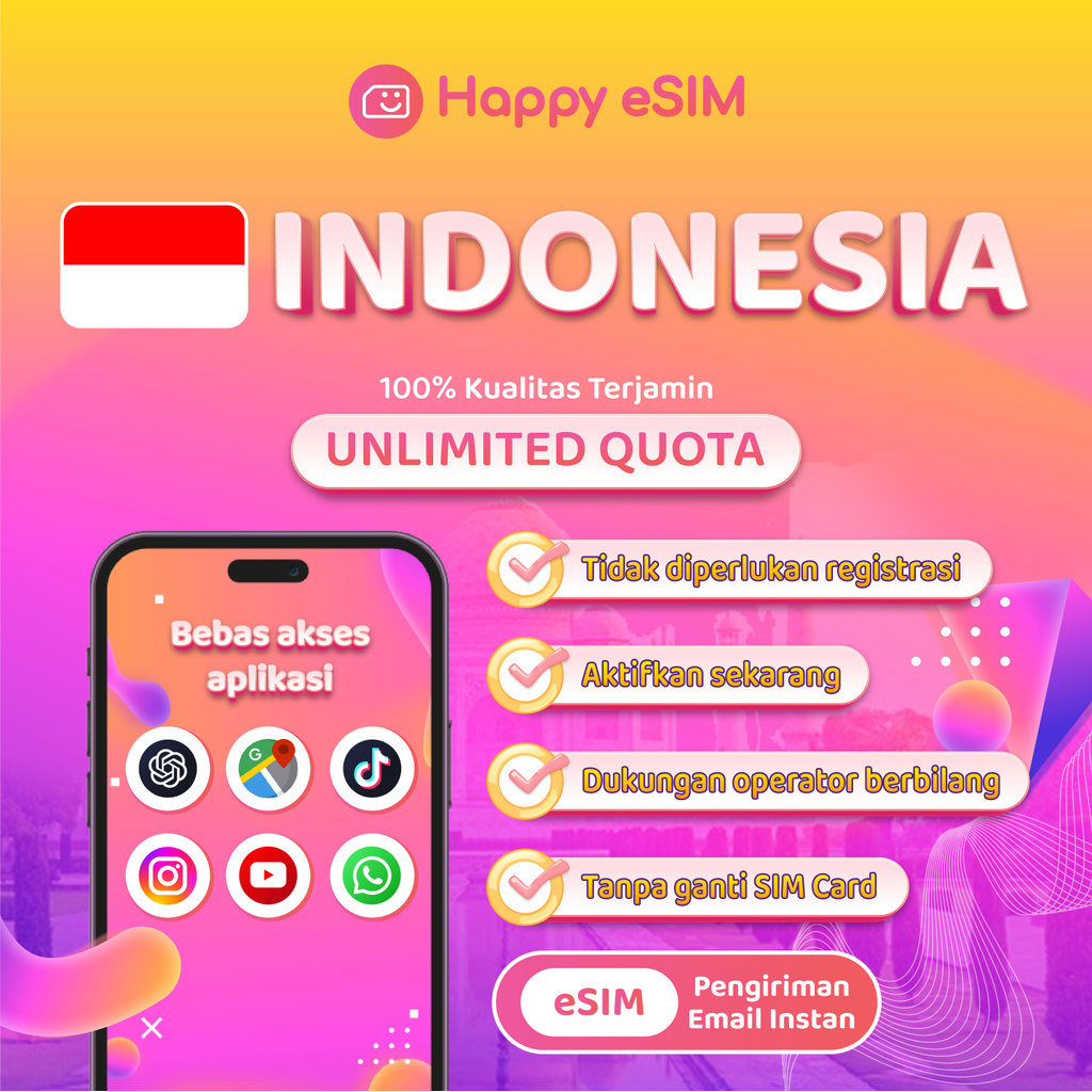 Happyesim eSIM Roaming Telkomsel Indonesia Unlimited Kuota Data Internet Daypass | eSIM Indonesian K