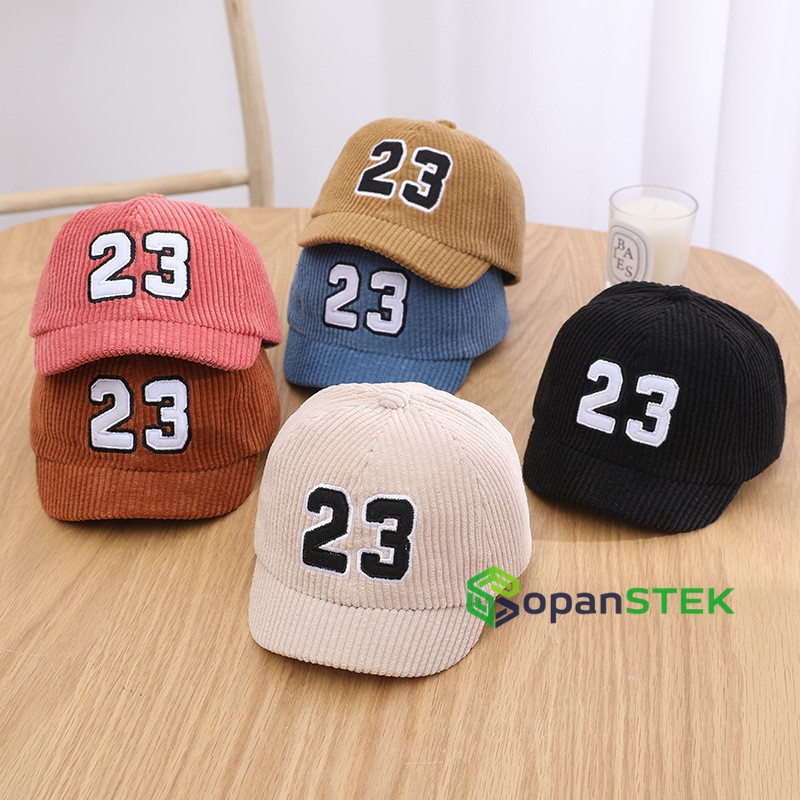 Topi bayi laki laki motif logo angka 23 korduroi terlaris 2025 / topi bayi perempuan angka 23