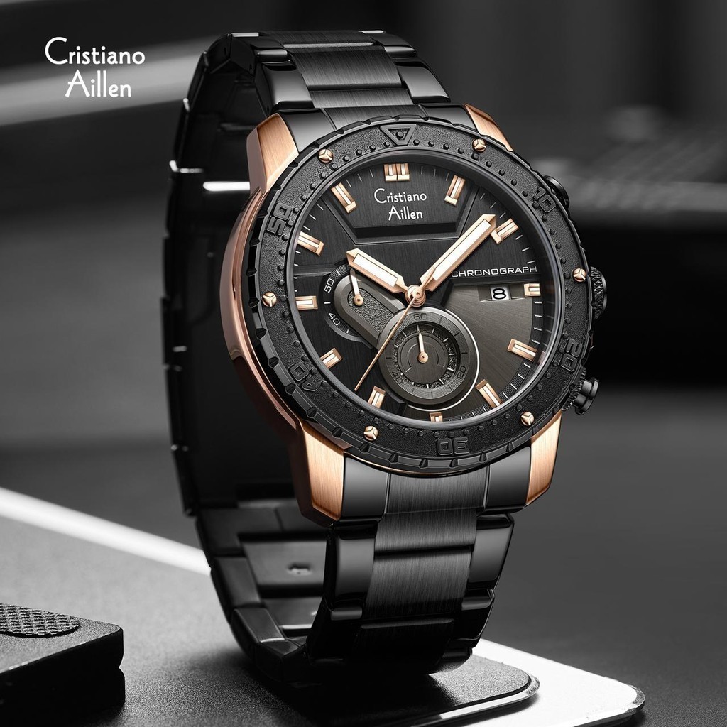 Cristiano Aillen Jam Tangan Pria Analog 8900 Rantai Stainless Steel Chronograph Kaca Sapphire Water 