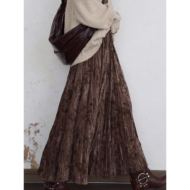 Beludru Lipit Cetak Gaya Cina Baru A Rok Payung Kata Rok Setengah Rok Panjang Elastis Pinggang Tingg