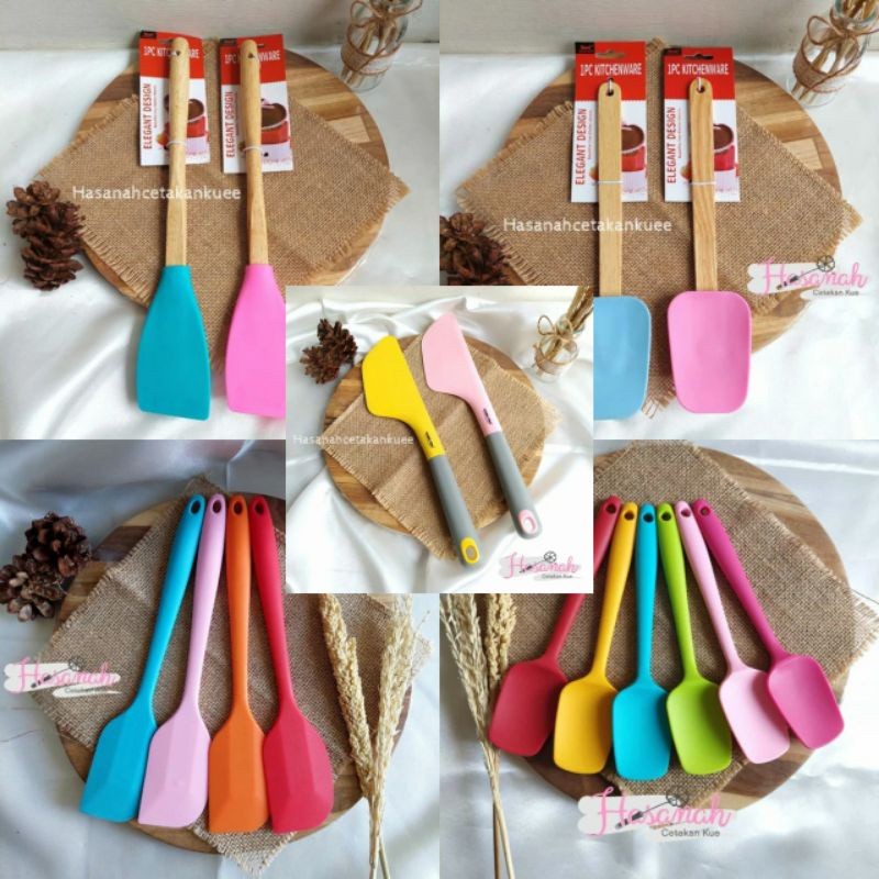 Spatula Gagang Full/Bening/Kayu Silicone/Silikon Anti/Tahan Panas/Lengket Kecil Besar Jumbo 1 set Ol