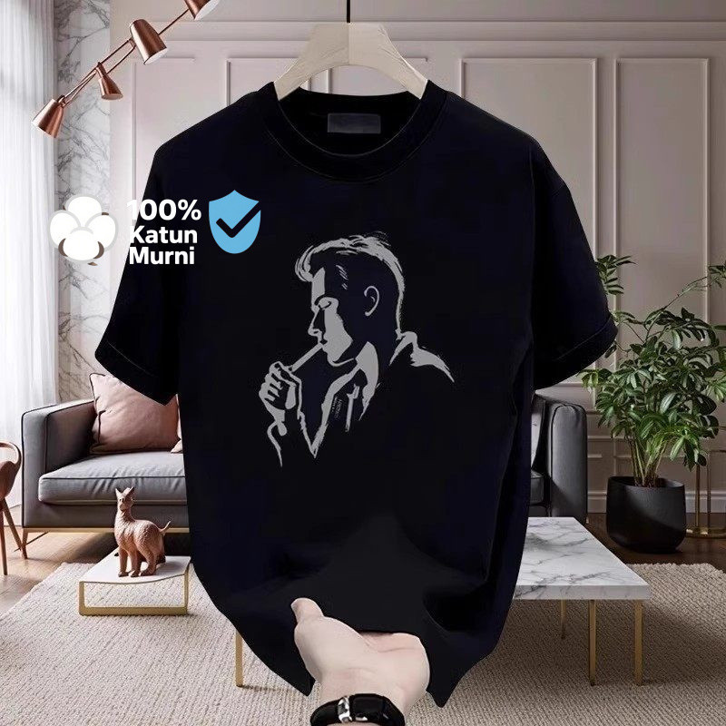Kaos Korea Style Motif Siluet Pria Santai Menyedot Rokok Bahan Nyaman Dipakai Regular Fit Kasual