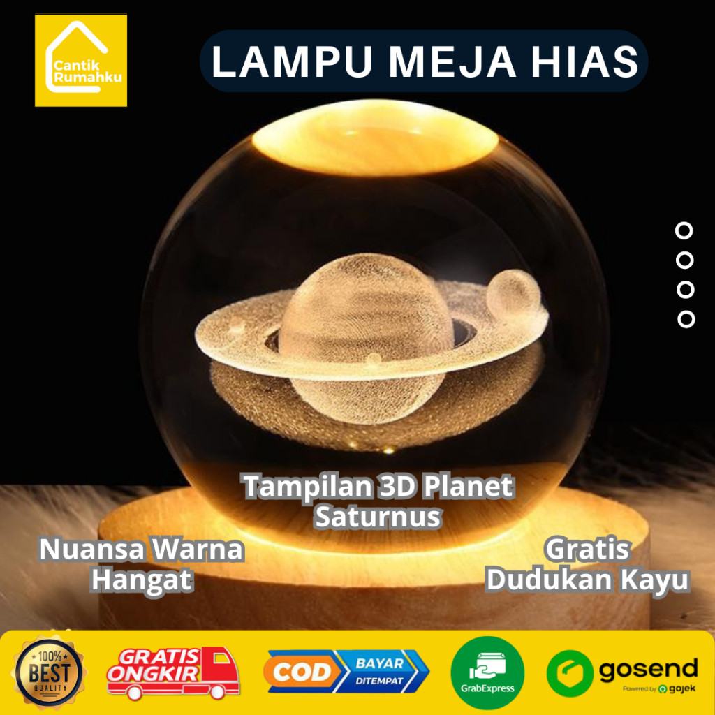 Lampu Meja Hias 3D USB Warm White 3W - Bola Kristal Tidur Aesthetic Galaxy Planet Dekorasi
