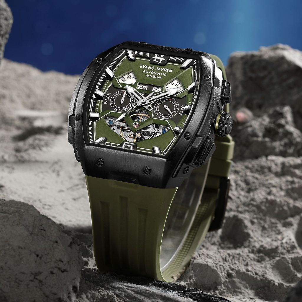 Evans Jayden Jam Tangan Pria 9620 Rubber Automatic Movement Silicon Kaca Sapphire Chronograph Water 