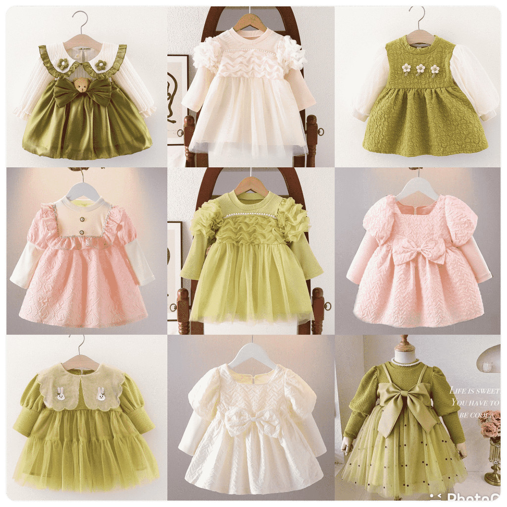 Dress Anak Bayi Perempuan Lengan Panjang Hijau Sage Lebaran