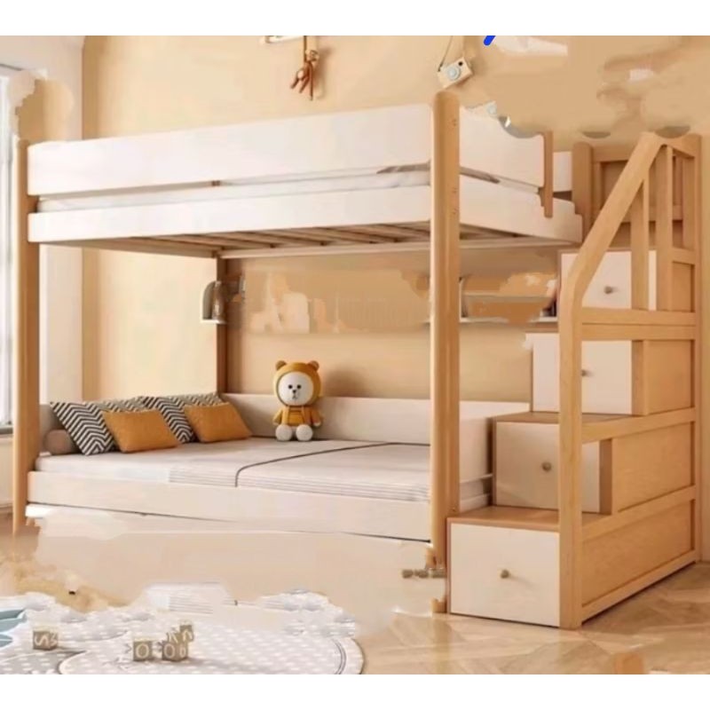 Ranjang susun tingkat 2 dengan tangga laci finishing melamin 120x160x200 Link costum