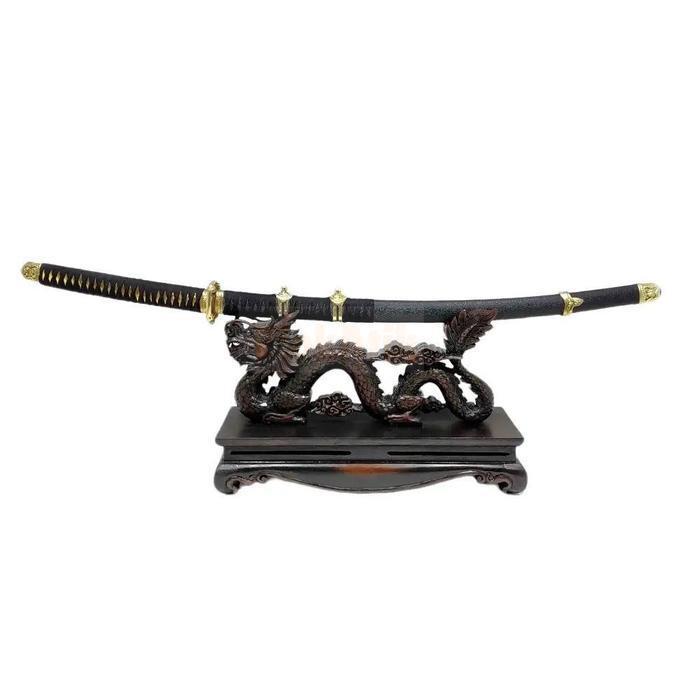 Stand Jagrak Dudukan Pusaka Katana Naga Liong Politur Coklat Antik